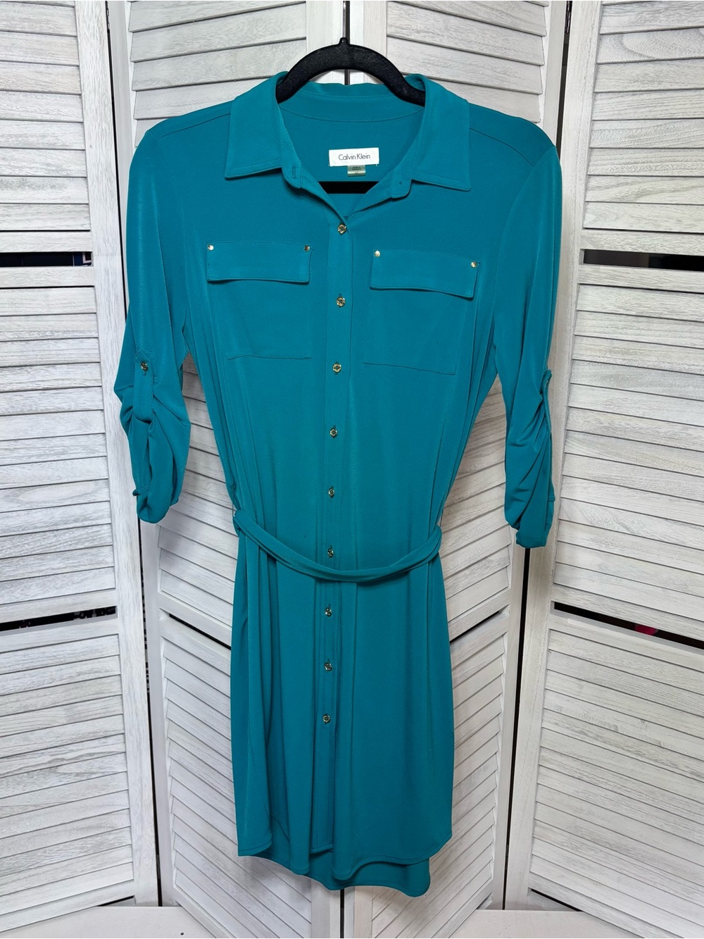 Calvin Klein Teal Belted Shirt Dress Women’s 6P Gold Hardware
